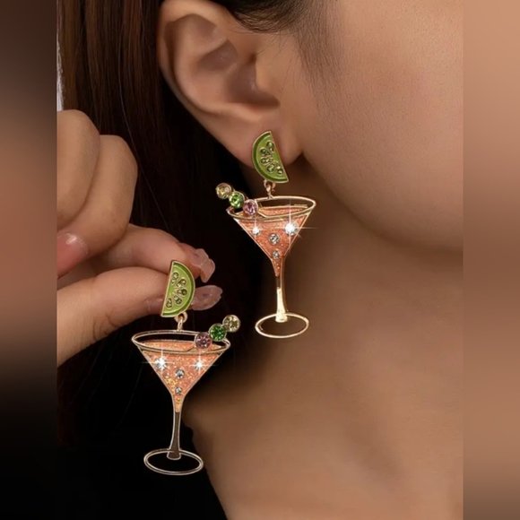 🌺Margarita Cocktail Rhinestone Earings Party Earings Margarita Accessories - Picture 3 of 4
